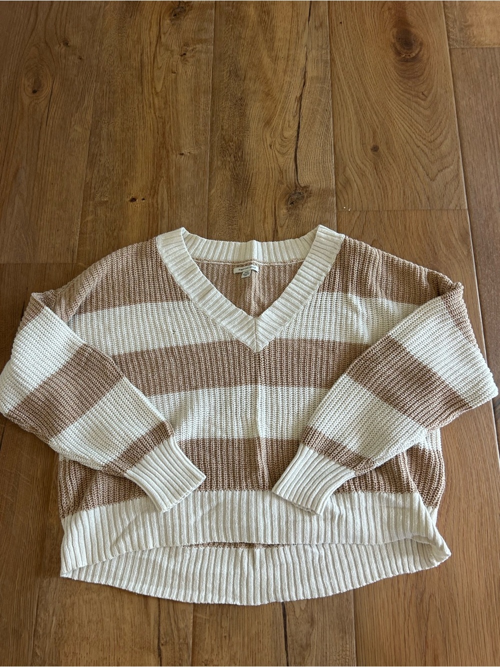 American Eagle Outfitters Cream and Light Brown Striped V-Neck Pullover